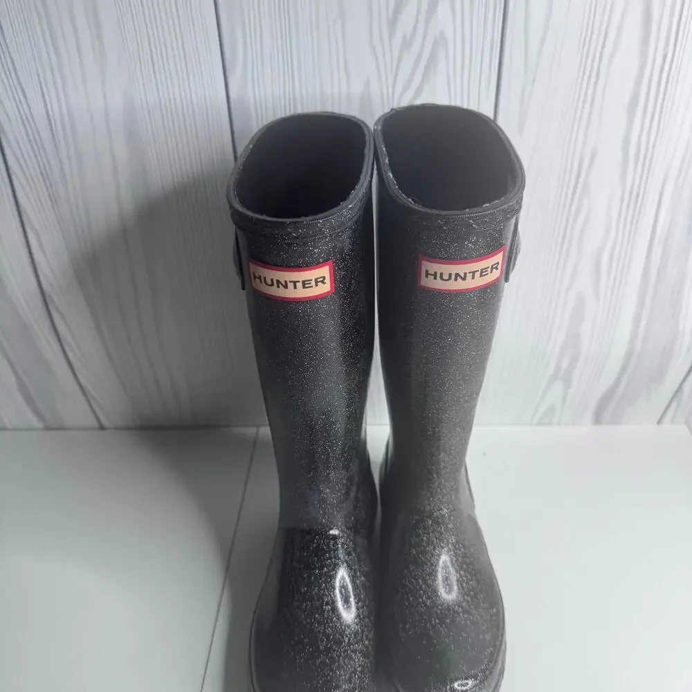 Hunter Big Kids Original Giant Glitter Girls 1 Rain Boots, Black